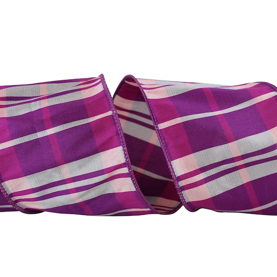 JAM Paper 4" x 10yd. Purple Dupioni Plaid Wired Ribbon
